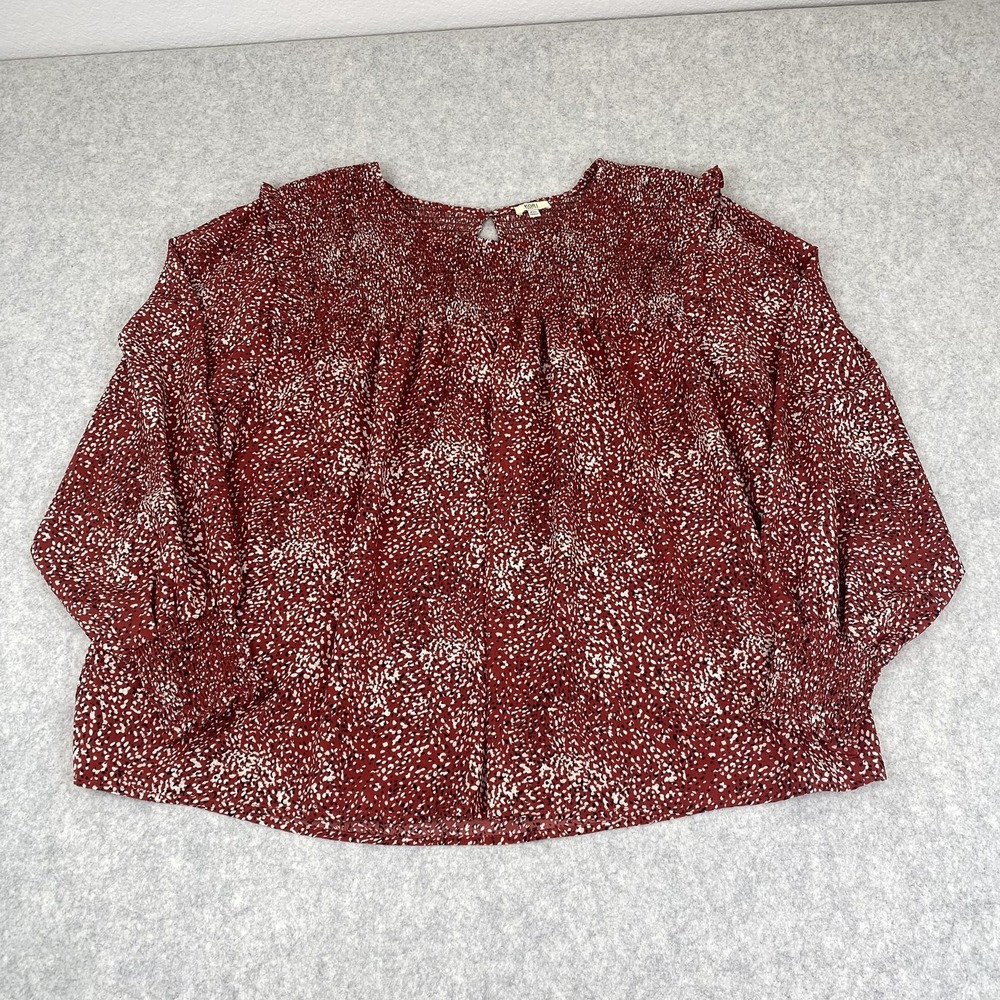 Kori America Blouse Womens 2XL Plus Red Animal Print Ruffle Long Puff Sleeve Top